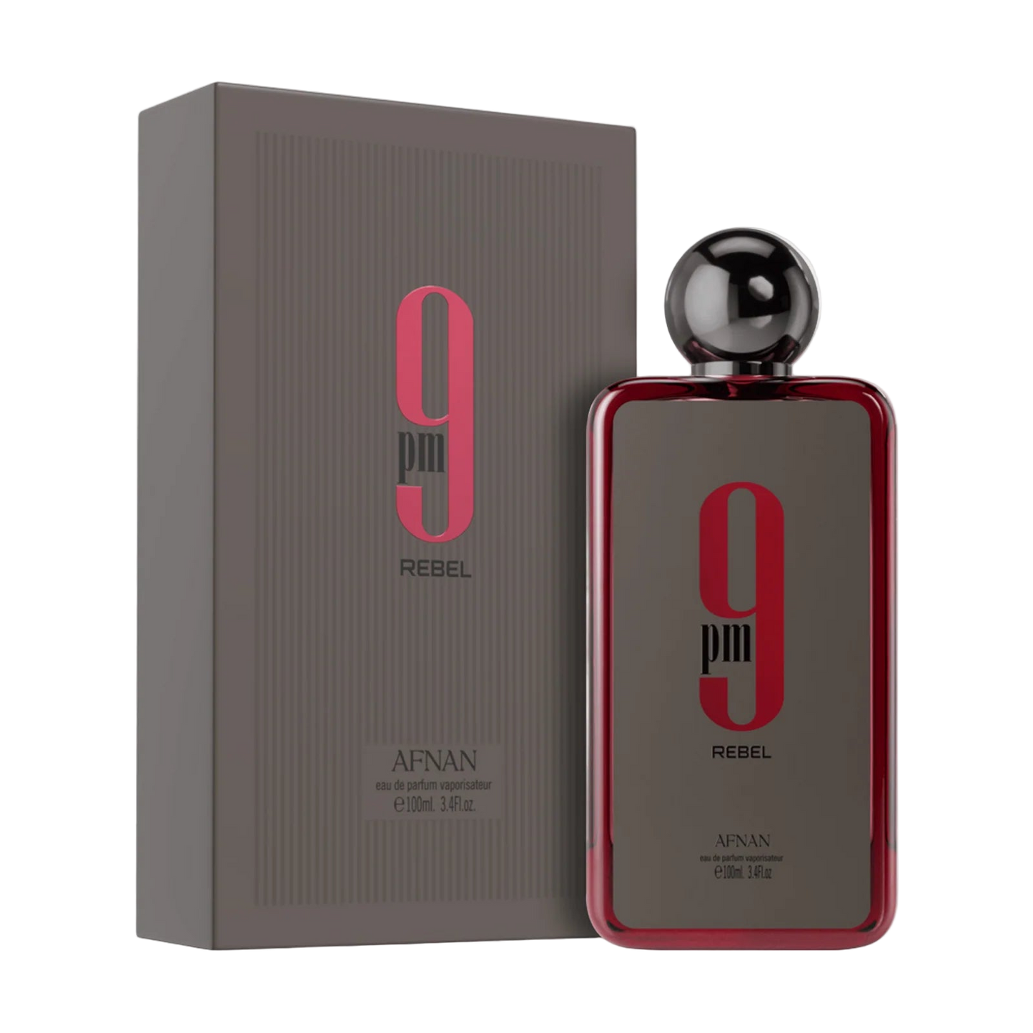 Perfume bottle and packaging of 9pin Rebel by Afshan on a white background