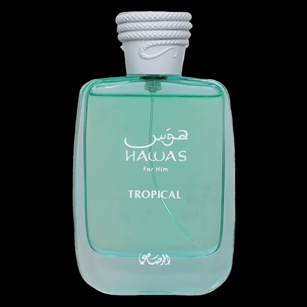 Perfume bottle labeled 'Hawas Tropical' on a white background