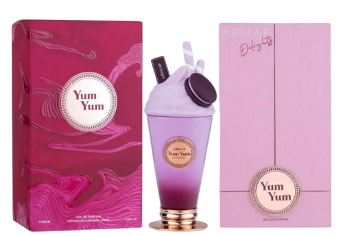 Yum Yum perfume bottle and packaging on a white background