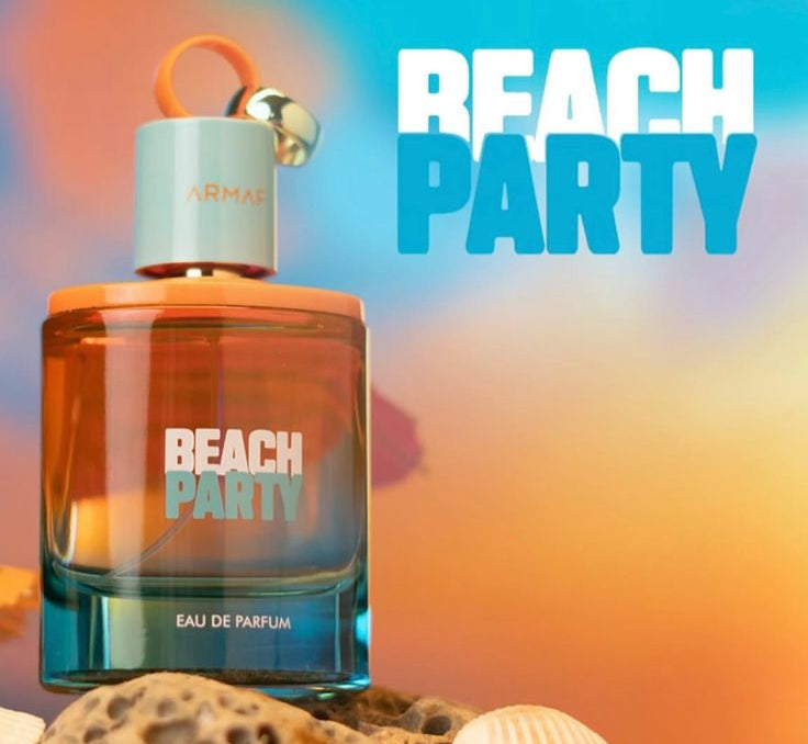 Perfume bottle labeled 'Beach Party' with a beach-themed background