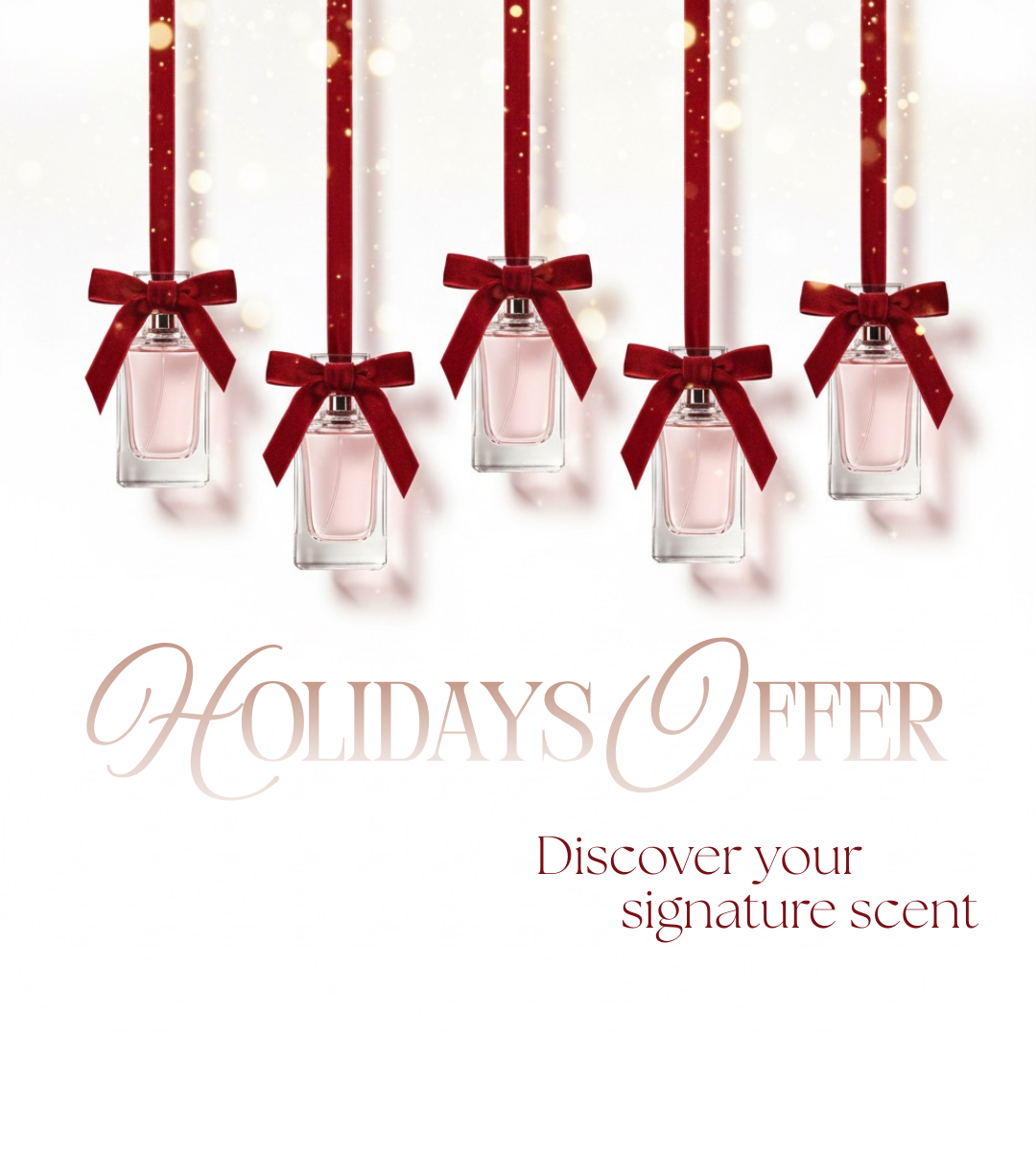 Perfume bottles with red ribbons on a white background with 'Holidays Offer' text.