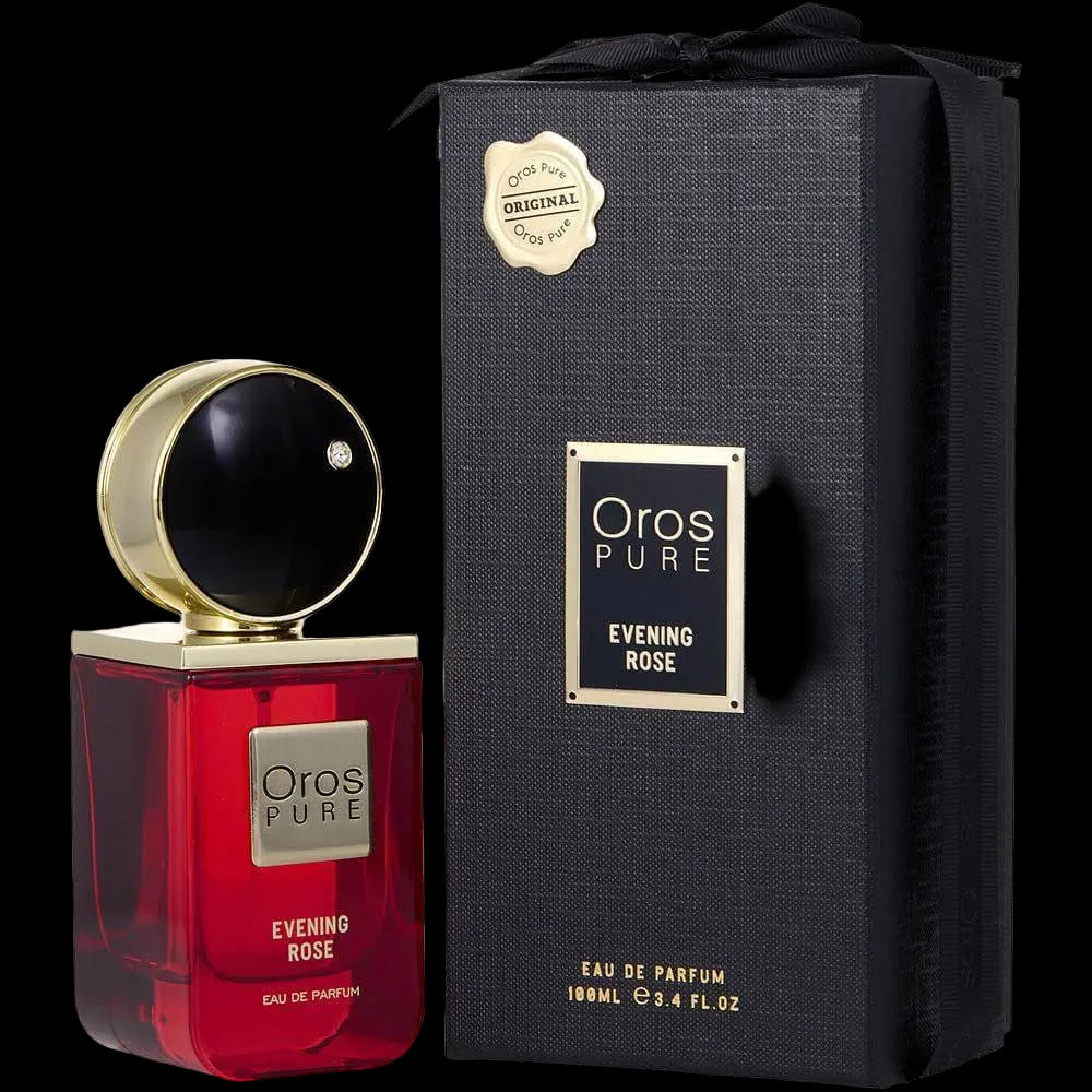 Oros Pure Evening Rose perfume bottle and packaging on a white background