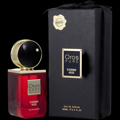 Oros Pure Evening Rose perfume bottle and packaging on a white background