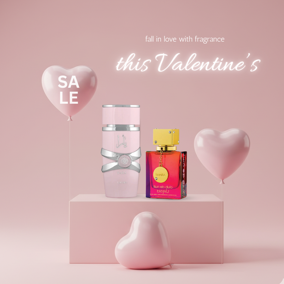 Two perfume bottles on a pink platform with heart-shaped balloons and 'Sale' text, against a pink background.