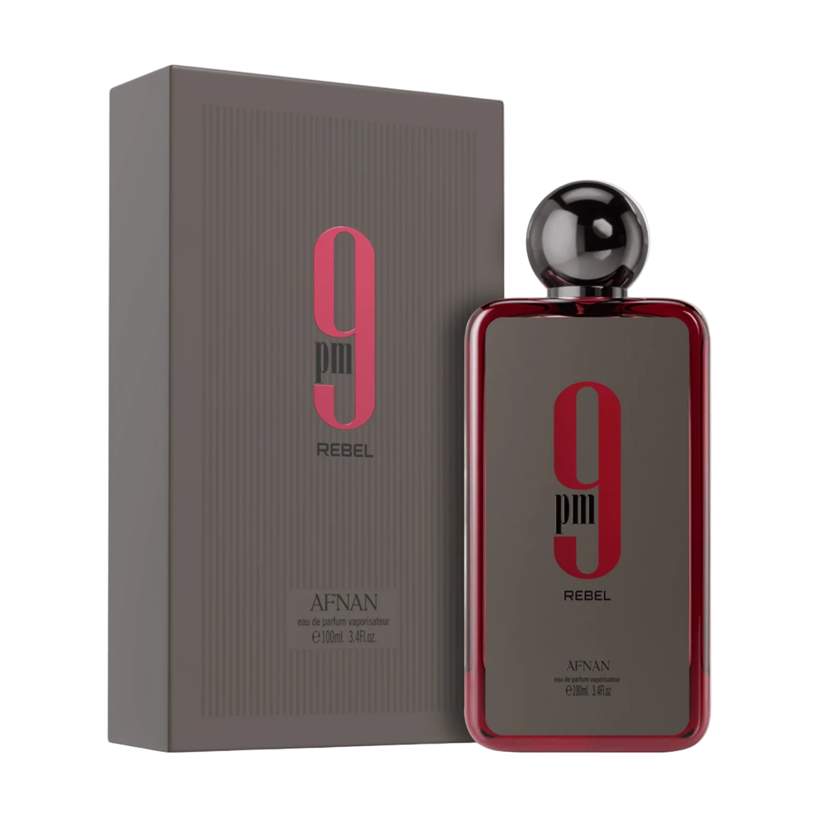 Perfume bottle and packaging of 9pin Rebel by Afshan on a white background