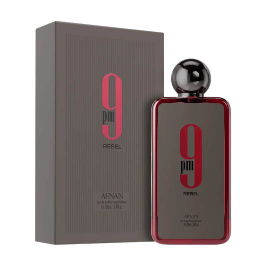 Perfume bottle and packaging of 9pin Rebel by Afshan on a white background