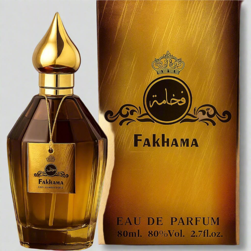 Fakhama Eau de Parfum bottle and packaging on a red background