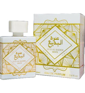 Oud Al Badr perfume bottle and packaging on a white background