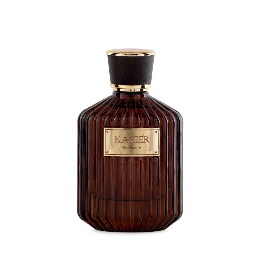 Brown perfume bottle with gold cap and 'Kaseer' label on a white background