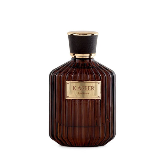 Brown perfume bottle with gold cap and 'Kaseer' label on a white background