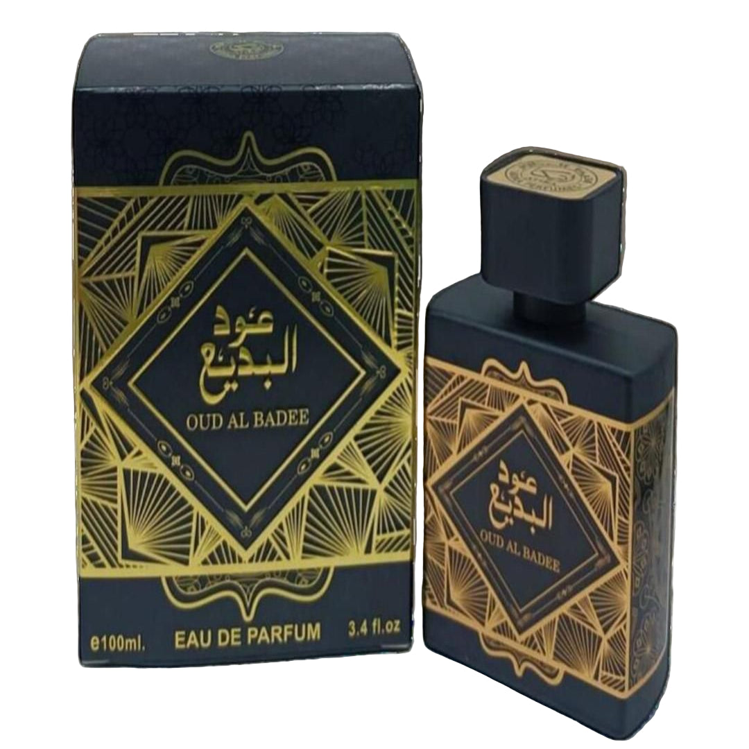 Oud Al Badee perfume bottle and packaging on a marble surface