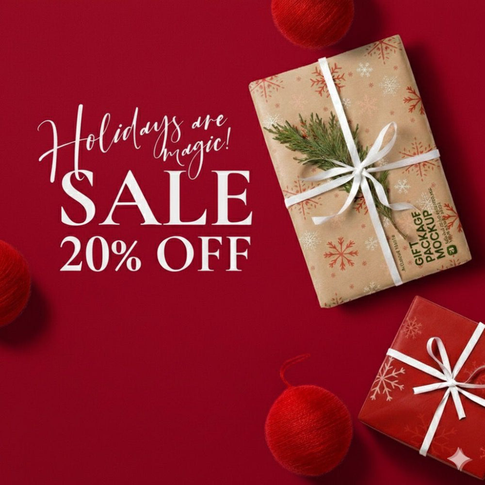 Holiday sale advertisement with gift boxes and text on a red background