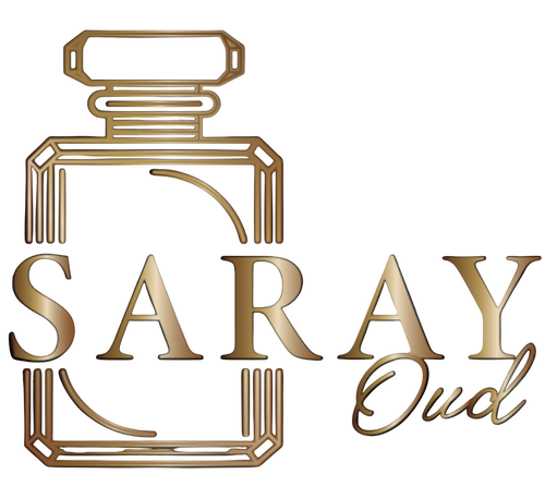 Gold 'SARAY Oud' perfume bottle logo on a black background