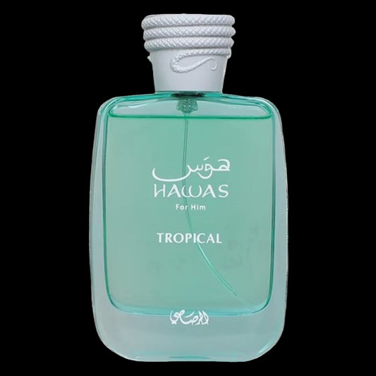 Perfume bottle labeled 'Hawas Tropical' on a white background
