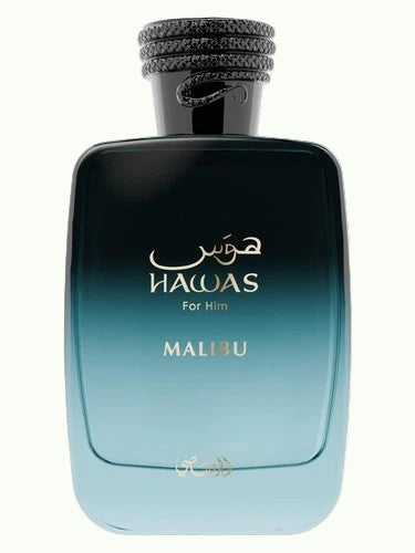 Perfume bottle labeled 'Hawas for Him Malibu' on a white background